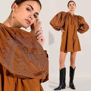 NWT Scarlett Poppies 3/4 Sleeves Embroidered Telenovela Dress Vibrant Rust XS